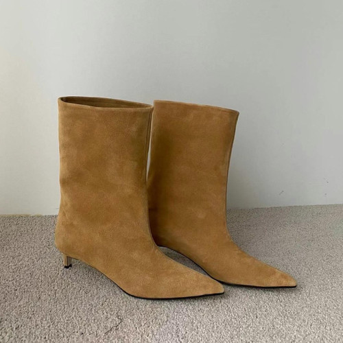 2025新款復古尖頭中筒靴女真皮磨砂寬筒靴子百搭西部牛仔靴短靴女