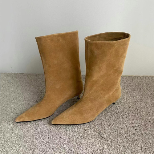 2025新款復古尖頭中筒靴女真皮磨砂寬筒靴子百搭西部牛仔靴短靴女