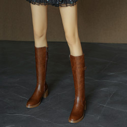 手工真皮~酷帥炸街~復古粗跟不過膝長筒靴拼接皮帶釦高筒騎士靴女