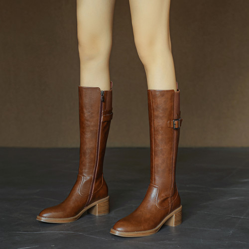 手工真皮~酷帥炸街~復古粗跟不過膝長筒靴拼接皮帶釦高筒騎士靴女