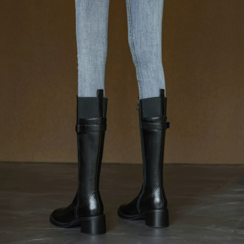 手工真皮~酷帥炸街~復古粗跟不過膝長筒靴拼接皮帶釦高筒騎士靴女