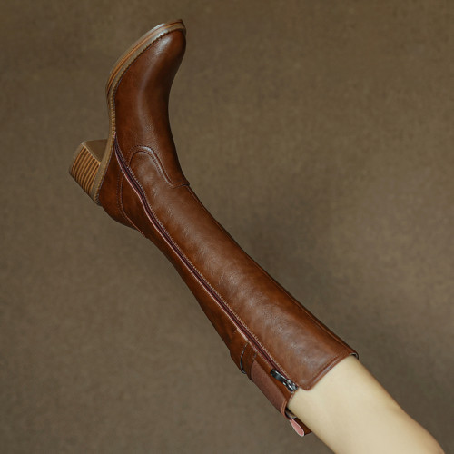 手工真皮~酷帥炸街~復古粗跟不過膝長筒靴拼接皮帶釦高筒騎士靴女