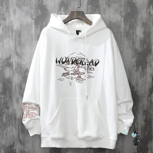 大碼寬鬆春秋連帽衛衣青春風國潮櫻花楓葉印花百搭男女情侶衫