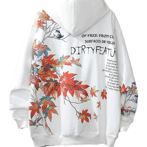 大碼寬鬆春秋連帽衛衣青春風國潮櫻花楓葉印花百搭男女情侶衫