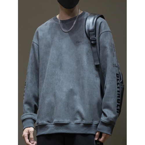 美式麂皮絨圓領衛衣男士秋季潮牌ins胖子加肥加大碼休閒長袖上衣