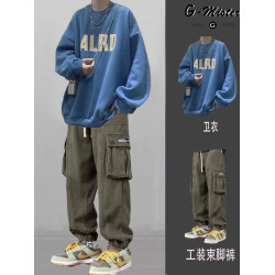 春秋款復古日系潮牌圓領衛衣套裝男冬季加絨休閒男裝搭配一套帥氣