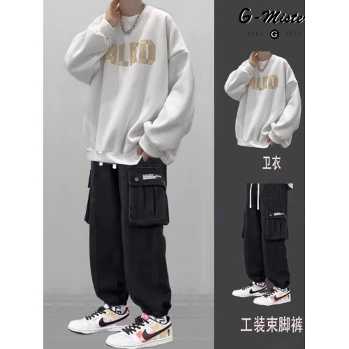 春秋款復古日系潮牌圓領衛衣套裝男冬季加絨休閒男裝搭配一套帥氣