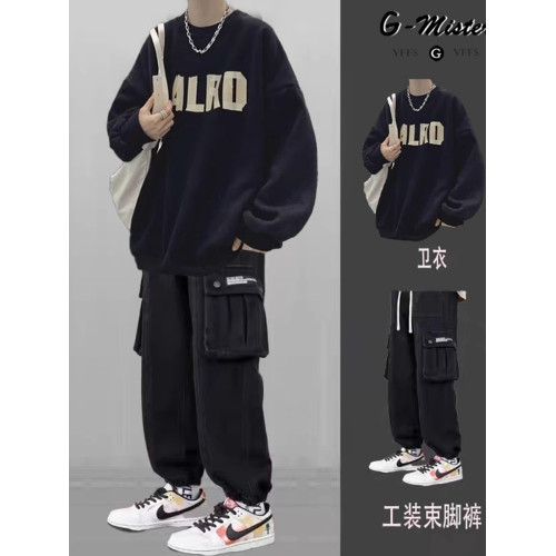 春秋款復古日系潮牌圓領衛衣套裝男冬季加絨休閒男裝搭配一套帥氣