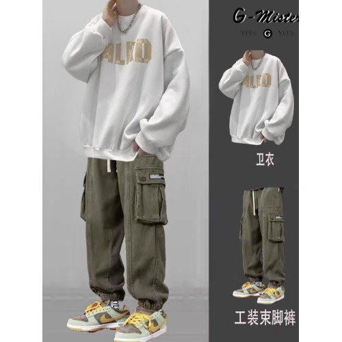 春秋款復古日系潮牌圓領衛衣套裝男冬季加絨休閒男裝搭配一套帥氣