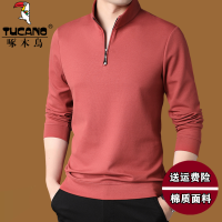 啄木鳥春秋長袖衛衣男中年半拉棉質T恤寬鬆爸爸裝立領秋衣打底衫