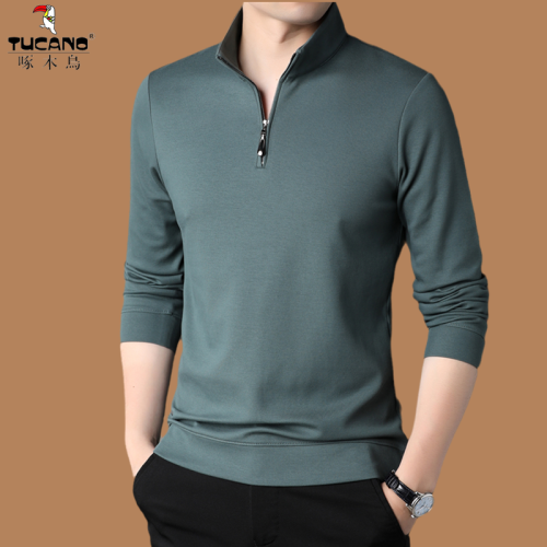 啄木鳥春秋長袖衛衣男中年半拉棉質T恤寬鬆爸爸裝立領秋衣打底衫