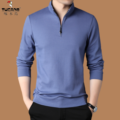 啄木鳥春秋長袖衛衣男中年半拉棉質T恤寬鬆爸爸裝立領秋衣打底衫