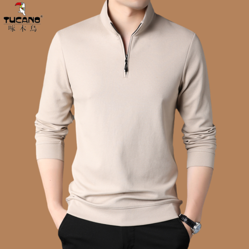 啄木鳥春秋長袖衛衣男中年半拉棉質T恤寬鬆爸爸裝立領秋衣打底衫