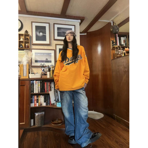 美式高街V領球衣衛衣男春秋季潮牌街頭寬鬆運動情侶長袖上衣潮牌