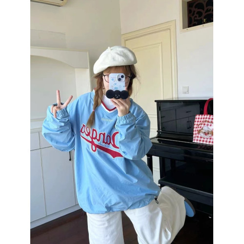 美式高街V領球衣衛衣男春秋季潮牌街頭寬鬆運動情侶長袖上衣潮牌