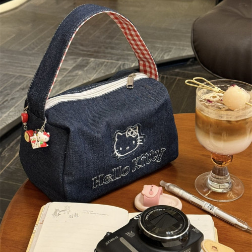 可愛kitty牛仔布復古手拎包ins高顔值大容量可攜式手提包女化妝包