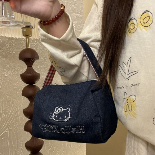 可愛kitty牛仔布復古手拎包ins高顔值大容量可攜式手提包女化妝包