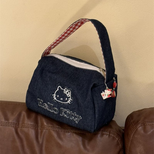 可愛kitty牛仔布復古手拎包ins高顔值大容量可攜式手提包女化妝包