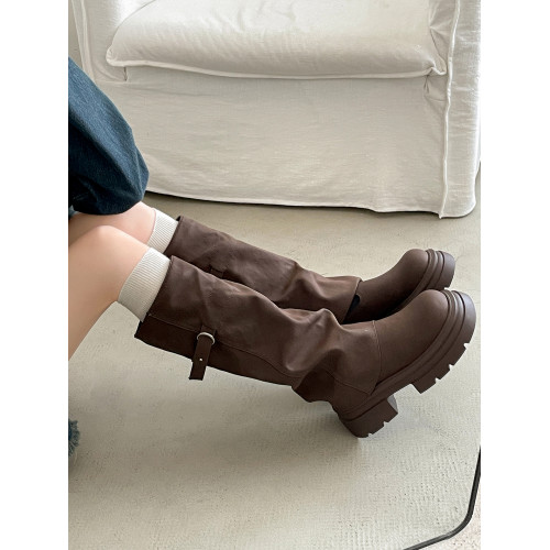 棕色復古小個子厚底增高靴子女長筒靴2026新款秋冬顯瘦褲琯騎士靴