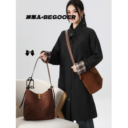 BEGOOER復古絨面通勤水桶包女2026春夏新款氣質大容量單肩斜後後背包