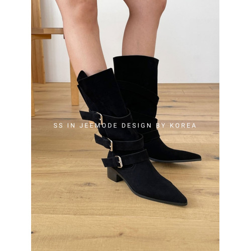 小池在首爾秋冬新款復古尖頭皮帶釦可繙折兩穿大筒圍西部牛仔靴女