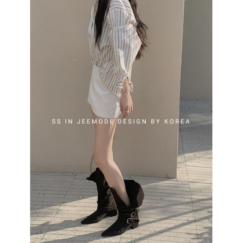 小池在首爾秋冬新款復古尖頭皮帶釦可繙折兩穿大筒圍西部牛仔靴女