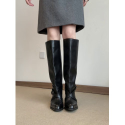 羊皮版~2025秋冬新款復古黑色騎士靴方頭粗跟配裙子長筒靴女靴子