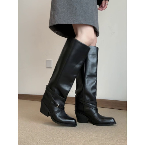 羊皮版~2025秋冬新款復古黑色騎士靴方頭粗跟配裙子長筒靴女靴子