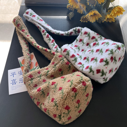 秋冬百搭毛毛包復古鬱金香提花搖粒絨單肩包斜後後背包高級感水桶包 秋冬百搭毛毛包復古鬱金香提花搖粒絨單肩包斜後後背包高級感水桶包