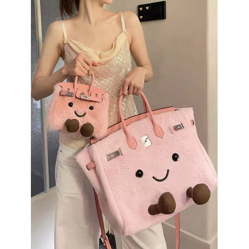 原創小衆設計敲可愛卡通毛絨鉑金包bk小精靈手提包通勤凱莉斜後後背包