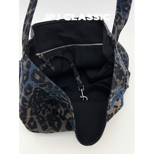 jpjclassic新品牛仔布豹紋托特包大容量軟包通勤包媽咪腋下包