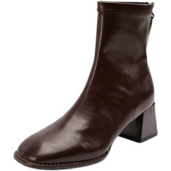 粗跟方頭小短靴子女腳踝及裸靴法式棕咖啡卡其色中高跟顯瘦瘦單靴