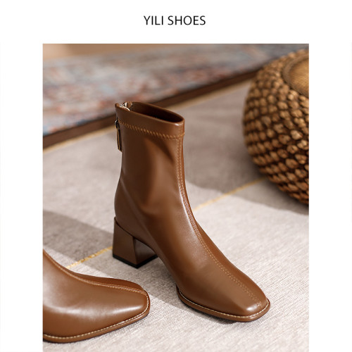 粗跟方頭小短靴子女腳踝及裸靴法式棕咖啡卡其色中高跟顯瘦瘦單靴