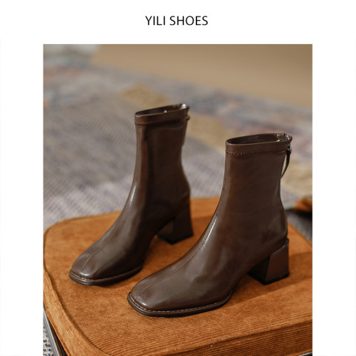 粗跟方頭小短靴子女腳踝及裸靴法式棕咖啡卡其色中高跟顯瘦瘦單靴