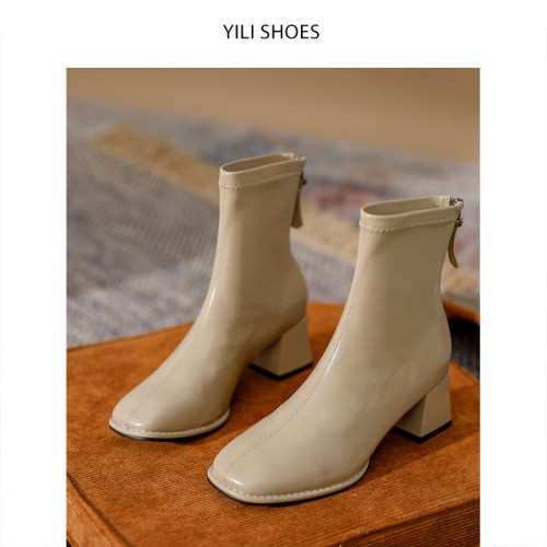 粗跟方頭小短靴子女腳踝及裸靴法式棕咖啡卡其色中高跟顯瘦瘦單靴