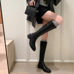 法式2025冬季新款圓頭粗跟真皮長靴不過膝高筒靴騎士靴長筒靴子女