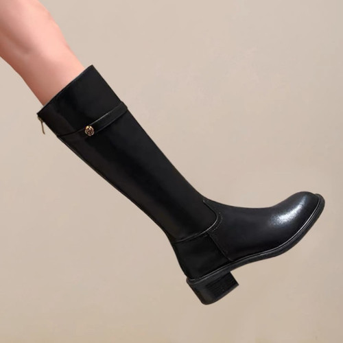 法式2025冬季新款圓頭粗跟真皮長靴不過膝高筒靴騎士靴長筒靴子女