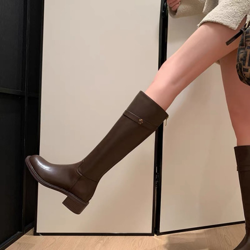 法式2025冬季新款圓頭粗跟真皮長靴不過膝高筒靴騎士靴長筒靴子女