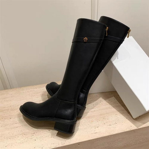 法式2025冬季新款圓頭粗跟真皮長靴不過膝高筒靴騎士靴長筒靴子女