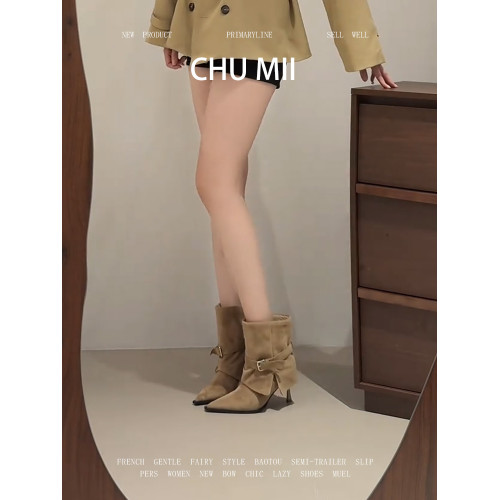 羊皮版~廢土風尖頭褲琯靴女設計感皮帶釦高跟短靴法式復古瘦瘦靴