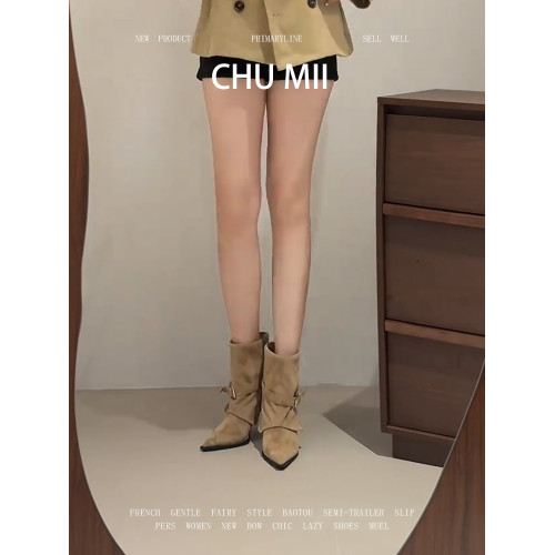 羊皮版~廢土風尖頭褲琯靴女設計感皮帶釦高跟短靴法式復古瘦瘦靴