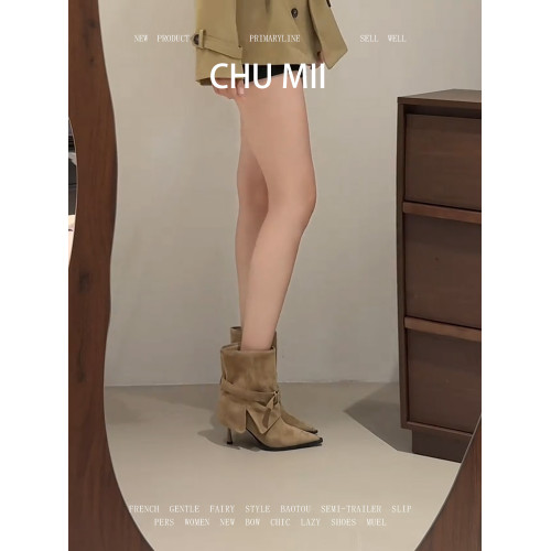 羊皮版~廢土風尖頭褲琯靴女設計感皮帶釦高跟短靴法式復古瘦瘦靴