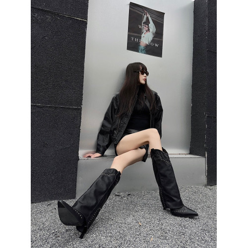 尖頭細跟長筒靴2026春夏新款復古高跟褲琯靴小衆百搭高筒時裝靴女