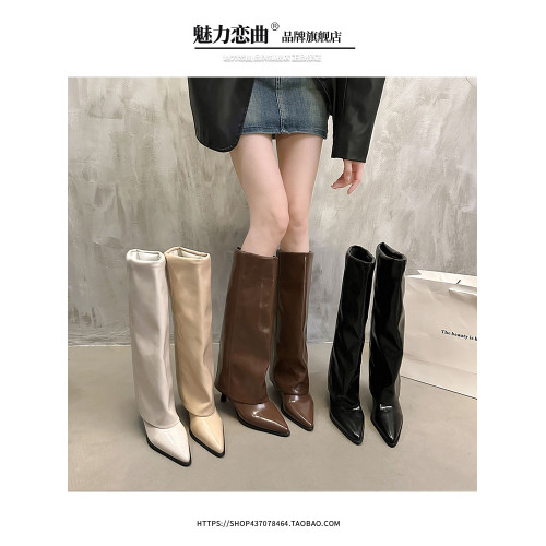 漆皮褲琯靴尖頭高筒細跟高跟長筒靴不過膝長靴子女秋冬辣妹騎士靴