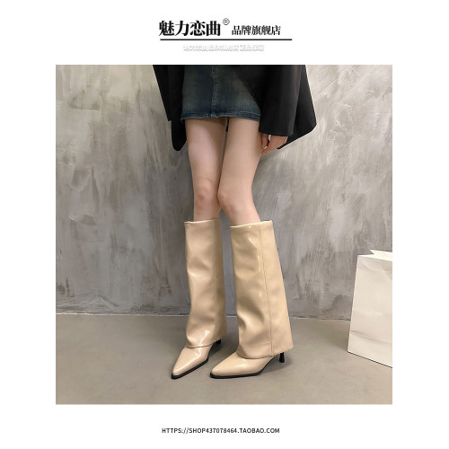 漆皮褲琯靴尖頭高筒細跟高跟長筒靴不過膝長靴子女秋冬辣妹騎士靴