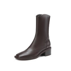 軟羊皮方頭復古中跟瘦瘦靴2025秋冬新款時尚百搭粗跟短靴女馬丁靴