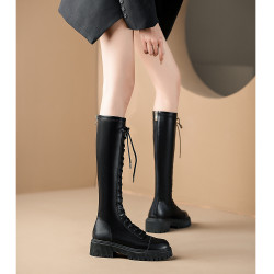 超細小筒圍長靴女厚底小個子細腿騎士靴系帶平口小鳥腿中筒靴真皮