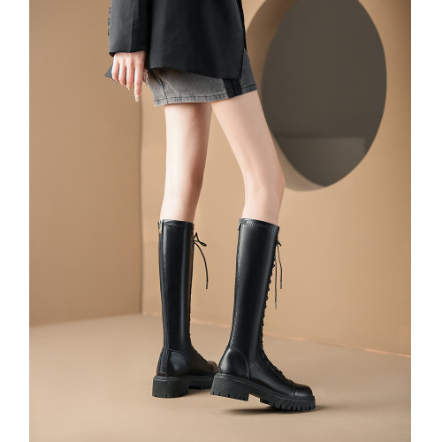 超細小筒圍長靴女厚底小個子細腿騎士靴系帶平口小鳥腿中筒靴真皮