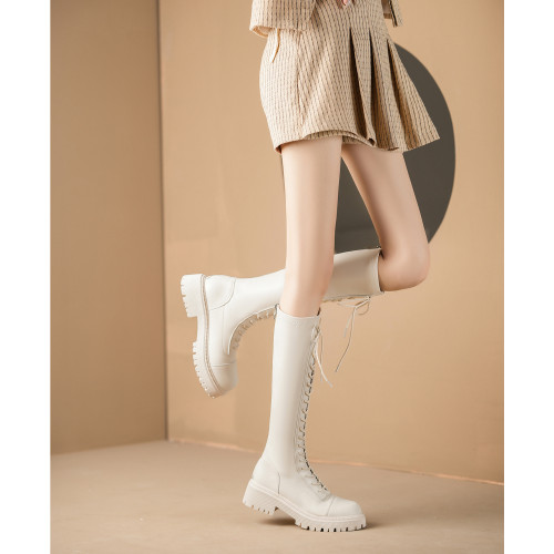 超細小筒圍長靴女厚底小個子細腿騎士靴系帶平口小鳥腿中筒靴真皮