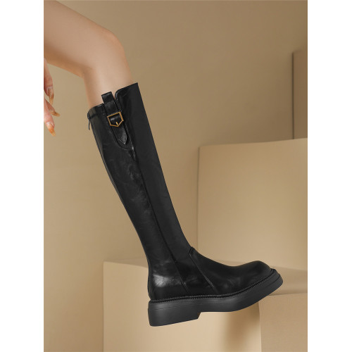 厚底長筒靴女2025秋冬新款加絨不過膝長靴修飾腿型彈力騎士靴大碼